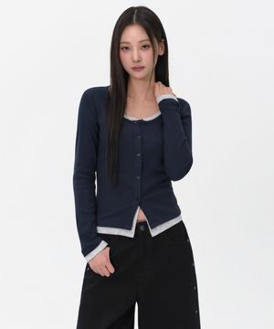 우먼즈 리브드 슬림 스쿱 넥 레이어드 저지 가디건 [네이비]