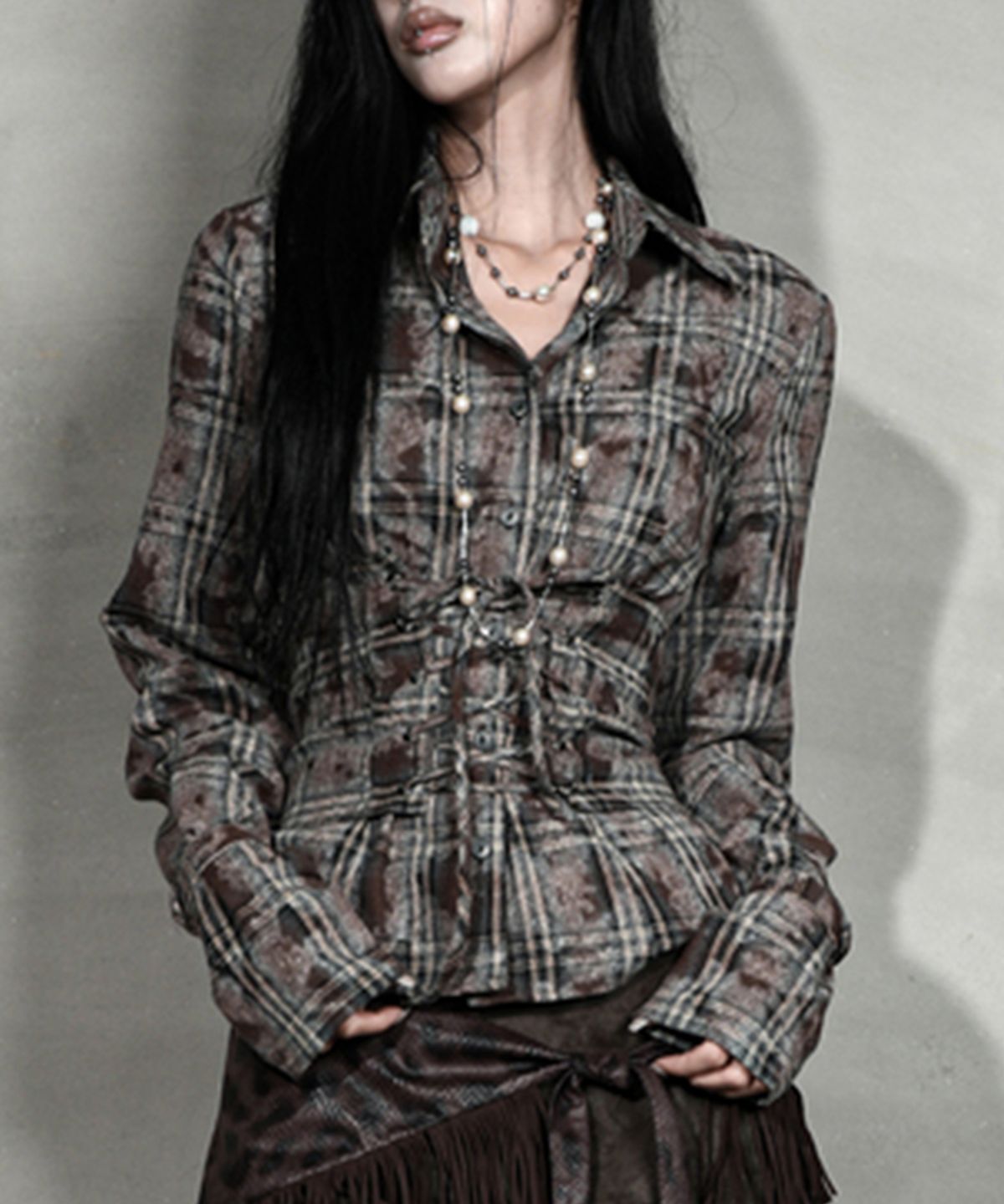 달링유어배드(DARLING, YOU'RE BAD) CHECK CORSET SHIRT #VINTAGE BROWN