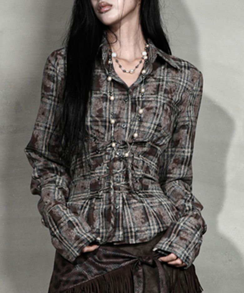 CHECK CORSET SHIRT #VINTAGE BROWN