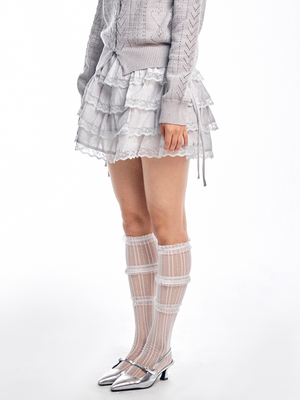 스트랩 캉캉 레이스 스커트 - 화이트, 그레이