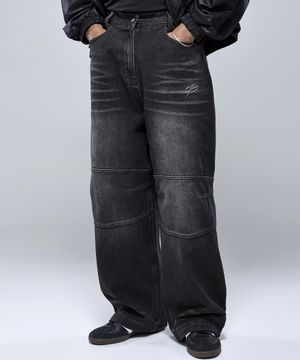 P2604 워시드블랙 와이드 데님 팬츠 [흑청]