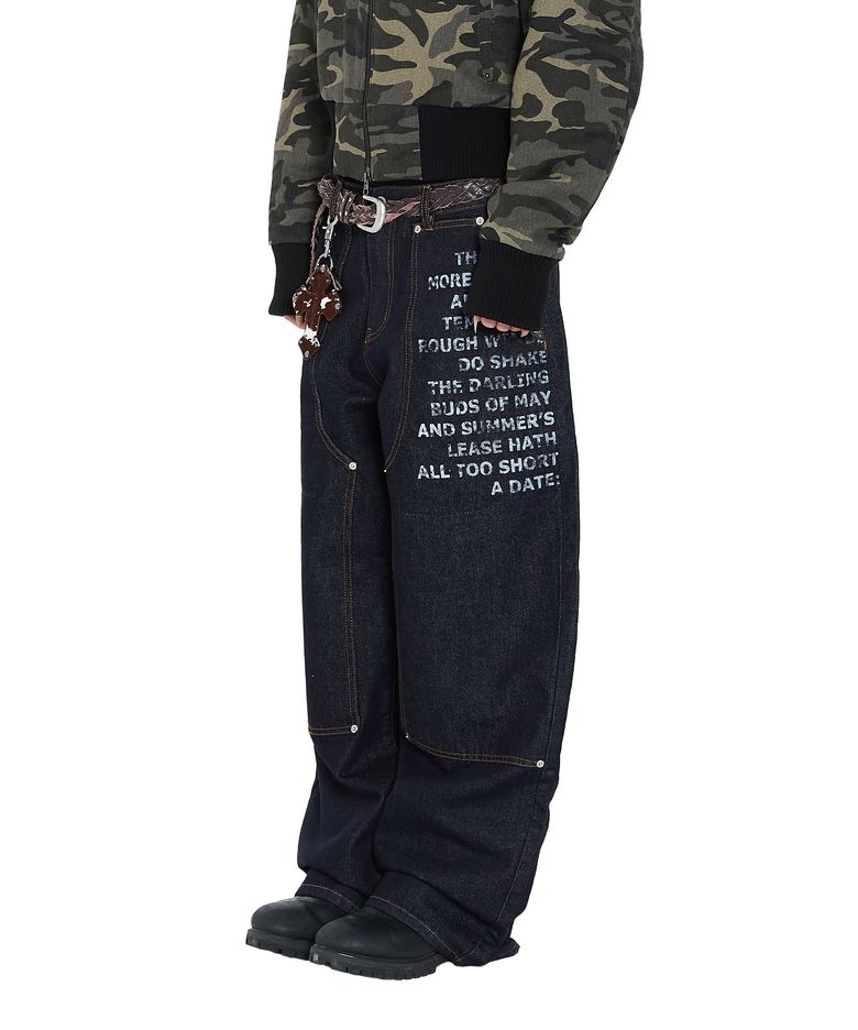 Double Knee Lettering Denim Pants (Blue)