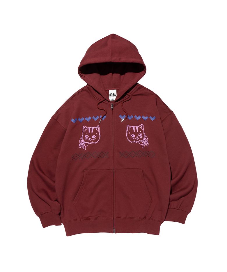NORDIC CAT HOOD ZIP-UP (BURGUNDY)