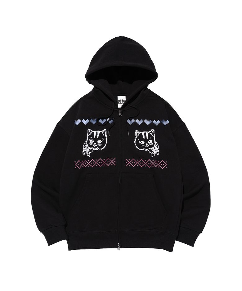 NORDIC CAT HOOD ZIP-UP (BLACK)