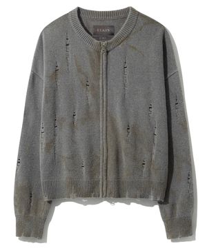 [런웨이] 전통염색 감, 먹 데미지 라운드 니트 집업_그레이