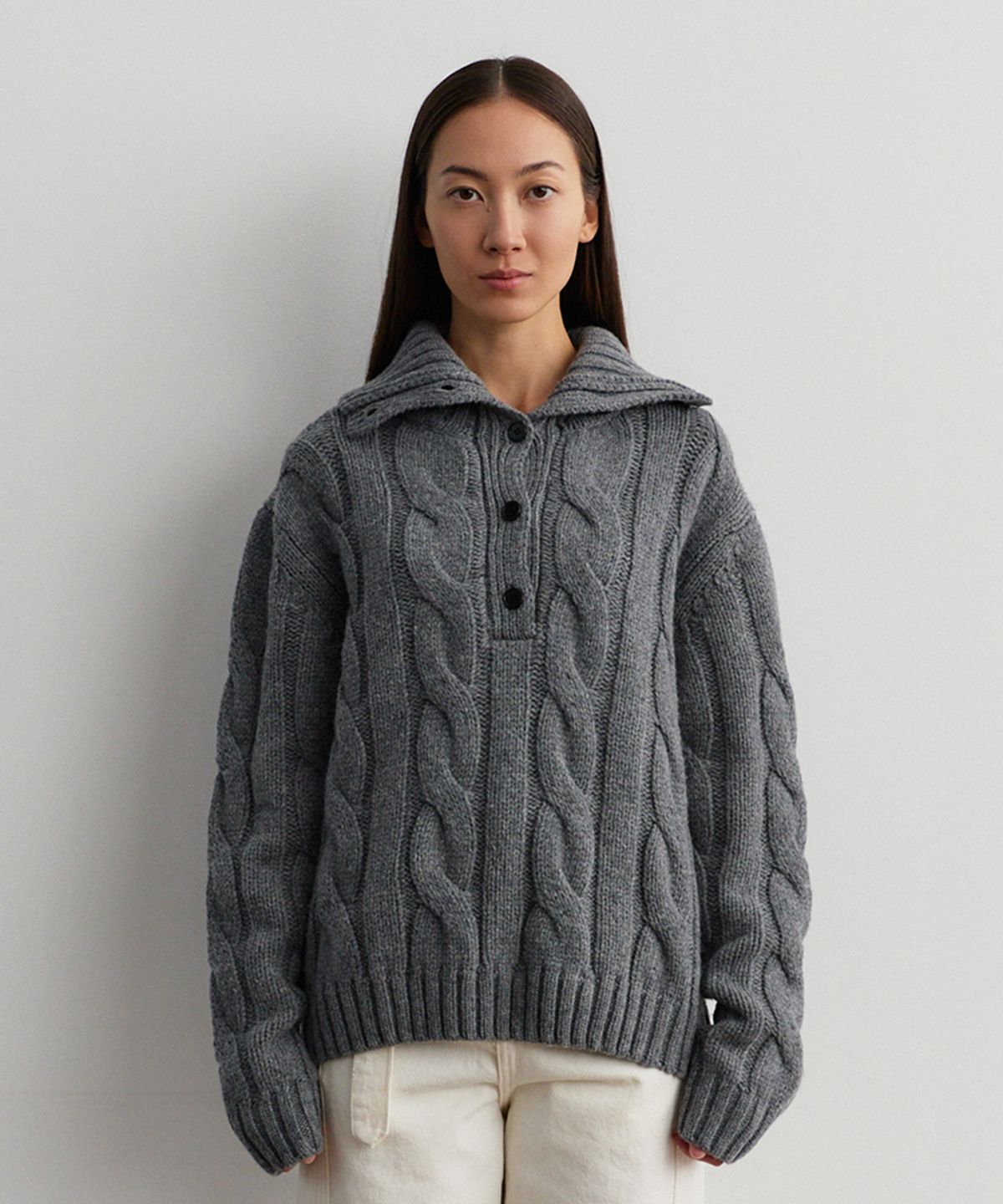 모헤(MOHAE) Cable half turtle neck button knit _ gray