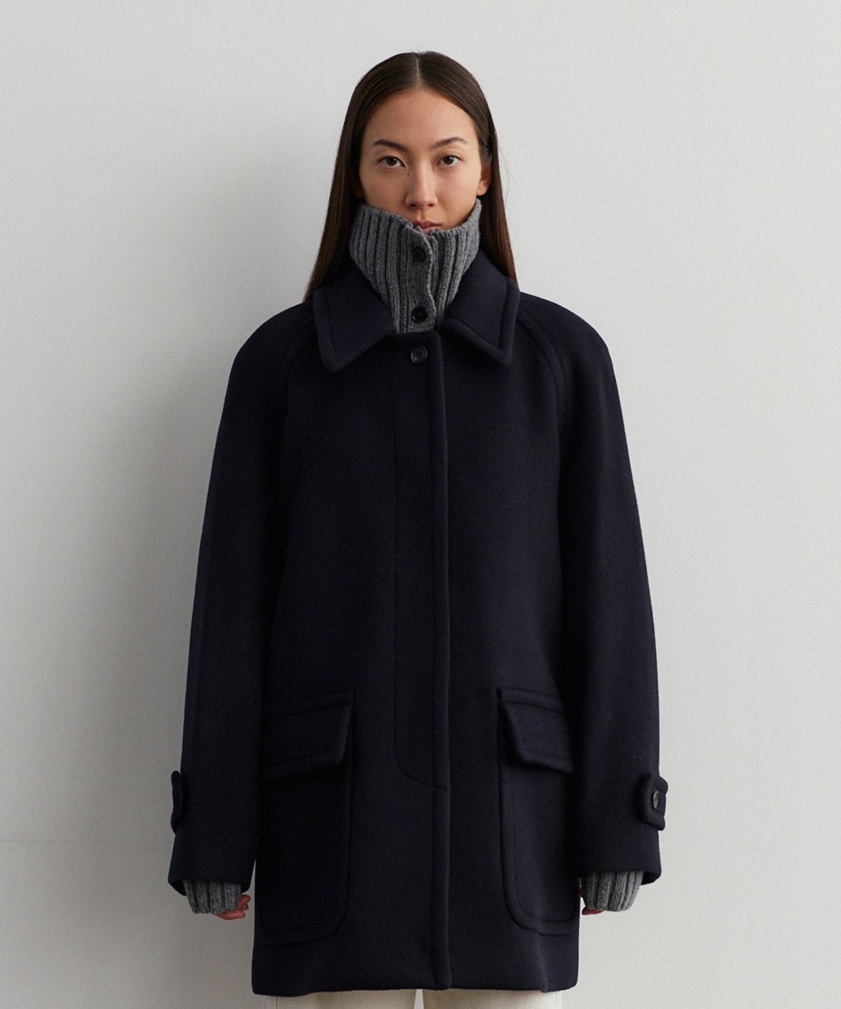모헤(MOHAE) Wool pocket half coat _ navy