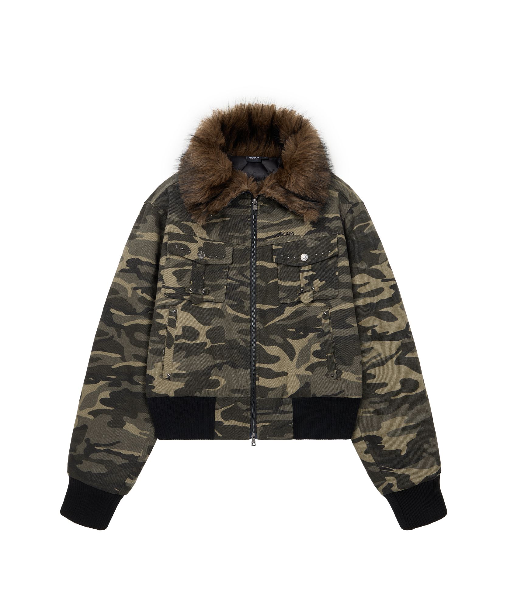 MUSINSA公式 | AAKAM Studded High Neck Fur Jacket (Camo)