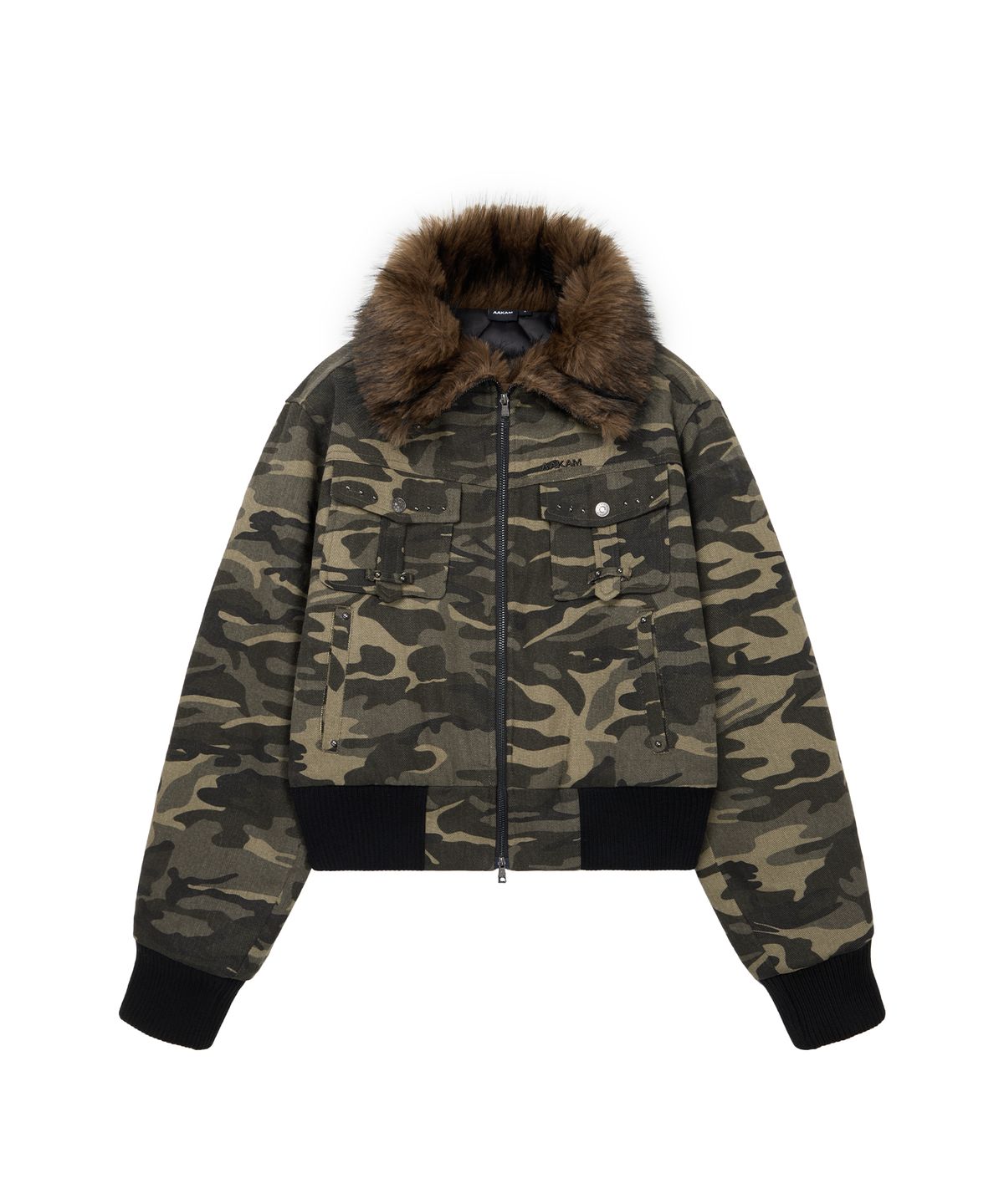 아캄(AAKAM) Studded High Neck Fur Jacket (Camo)