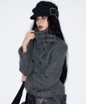 Double Belted High-Neck Coat (GREY)