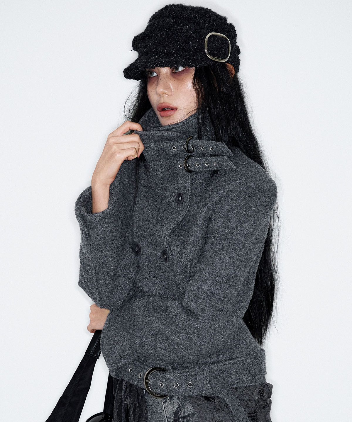 낫노잉(NOTKNOWING) Double Belted High-Neck Coat (GREY)