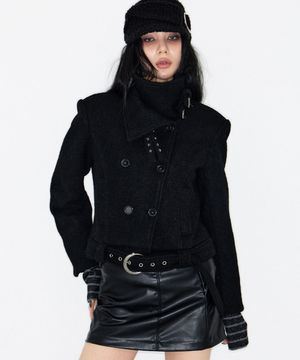 Double Belted High-Neck Coat (BLACK)