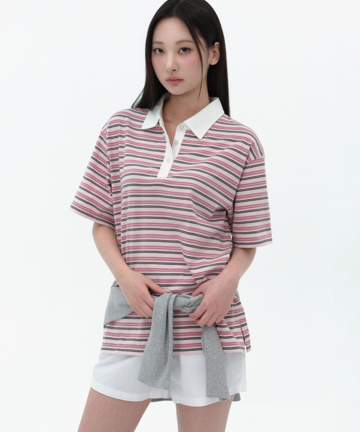 무신사 스탠다드 우먼(MUSINSA STANDARD WOMAN) 우먼즈 멀티 스트라이프 반소매 럭비 셔츠 [핑크]