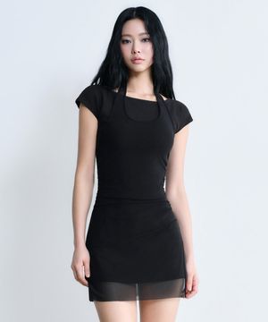 우먼즈 메시 레이어드 저지 드레스 [블랙]