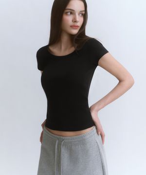 우먼즈 슬림 스쿱 넥 캡 슬리브 티셔츠 [블랙]
