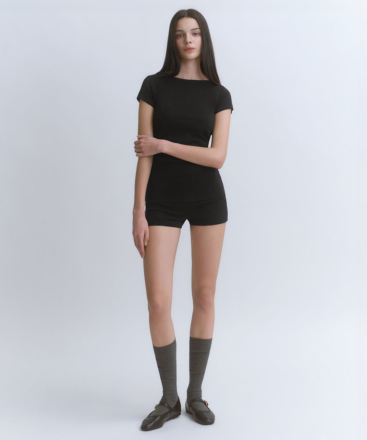 무신사 스탠다드 우먼(MUSINSA STANDARD WOMAN) 우먼즈 슬림 보트 넥 캡 슬리브 티셔츠 [블랙]