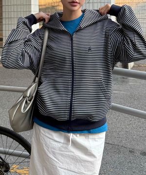 씬 스트라이프 집업 후디_다크 퍼플