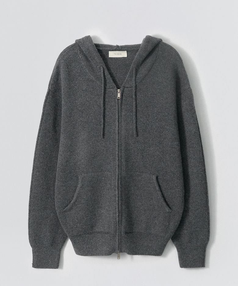 Cozy Wool Blend Hooded Zip-Up knitwear_Charcoal