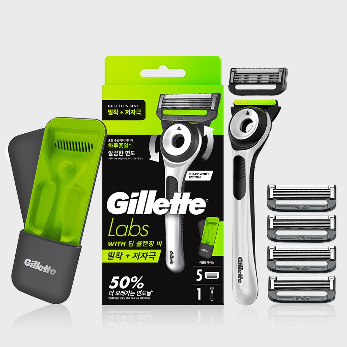 질레트(GILLETTE) 랩스 딥클렌징바 샤프화이트 핸들1 + 면도날 5입 + 트래블케이스