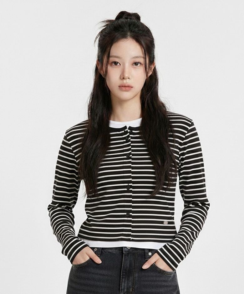 여성 웨일 스트라이프 가디건 레이어드 티셔츠_100(10560-131-206-45)