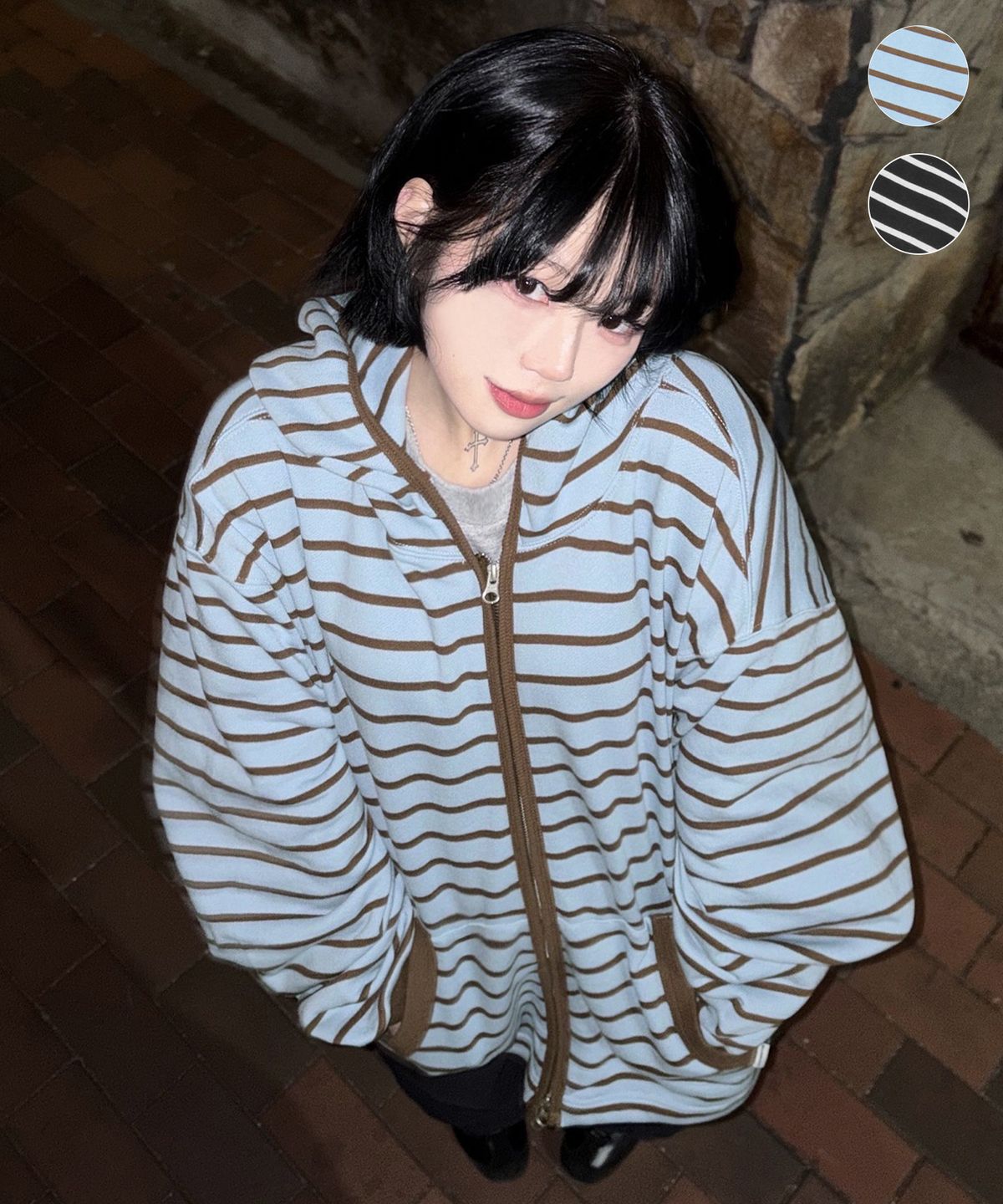 필루미네이트(FILLUMINATE) 스트라이프 스트링 세미 크롭 후드 집업-2Color