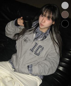 체크 아플리케 세미 크롭 후드 집업-3Color