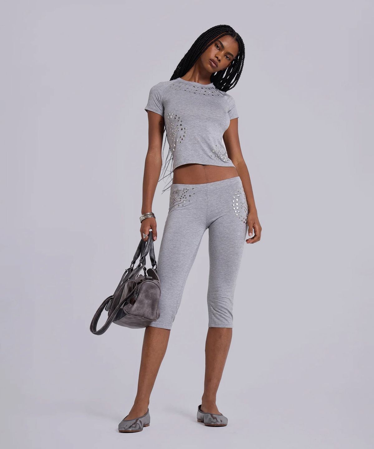 제이디드 런던(JADED LONDON) (W) 스터디드 그레이 말 카프리 레깅스 그레이 STUDDED GREY MARL CAPRI LEGGINGS GREY