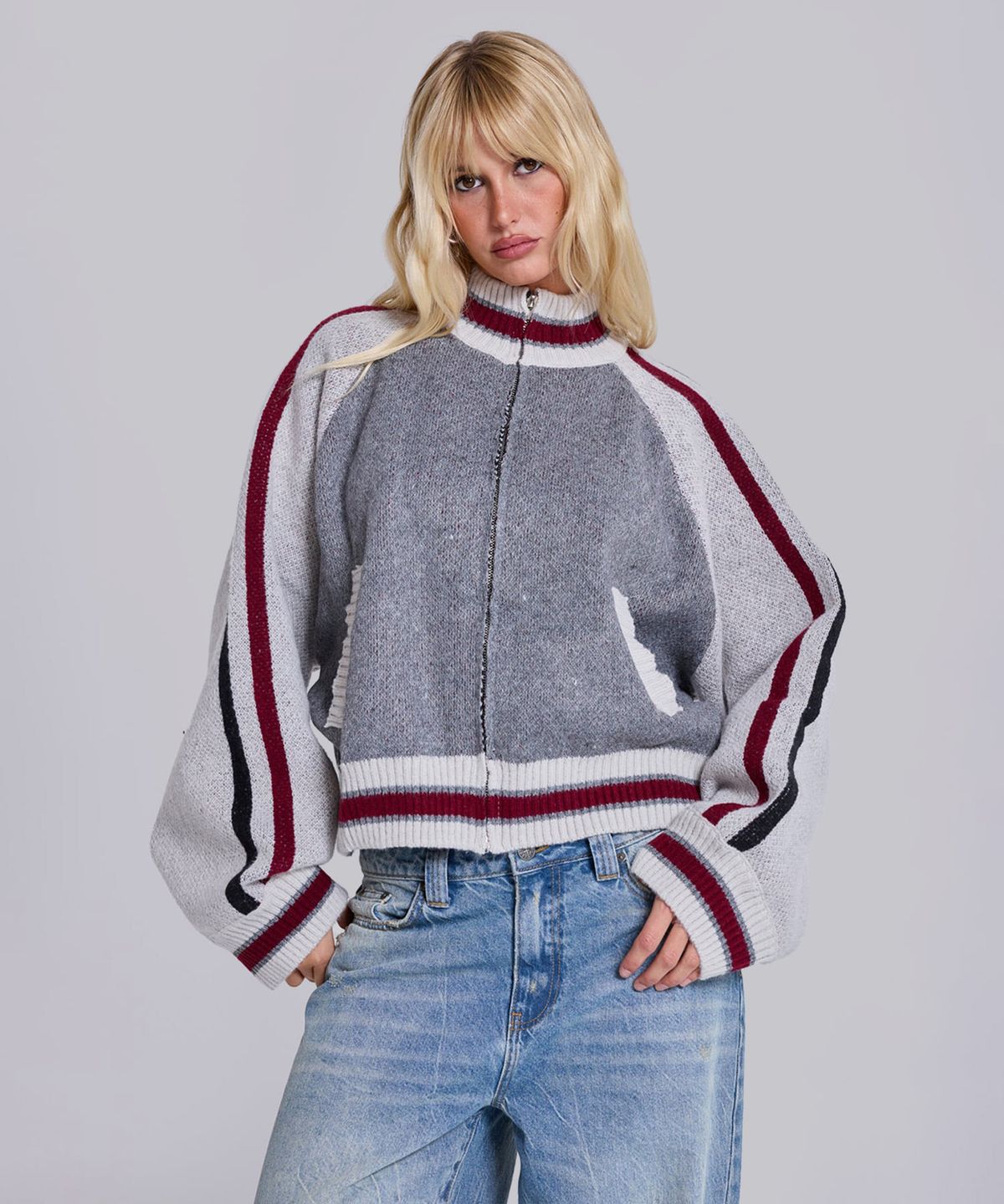 제이디드 런던(JADED LONDON) (U) 니티드 봄버 위드 백 아트워크 그레이 KNITTED BOMBER WITH BACK ARTWORK GREY