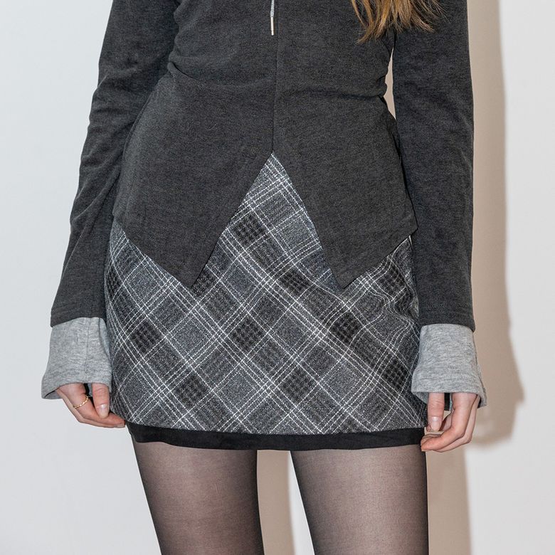 DD_Diamond grid velvet hem skirt_GRAY