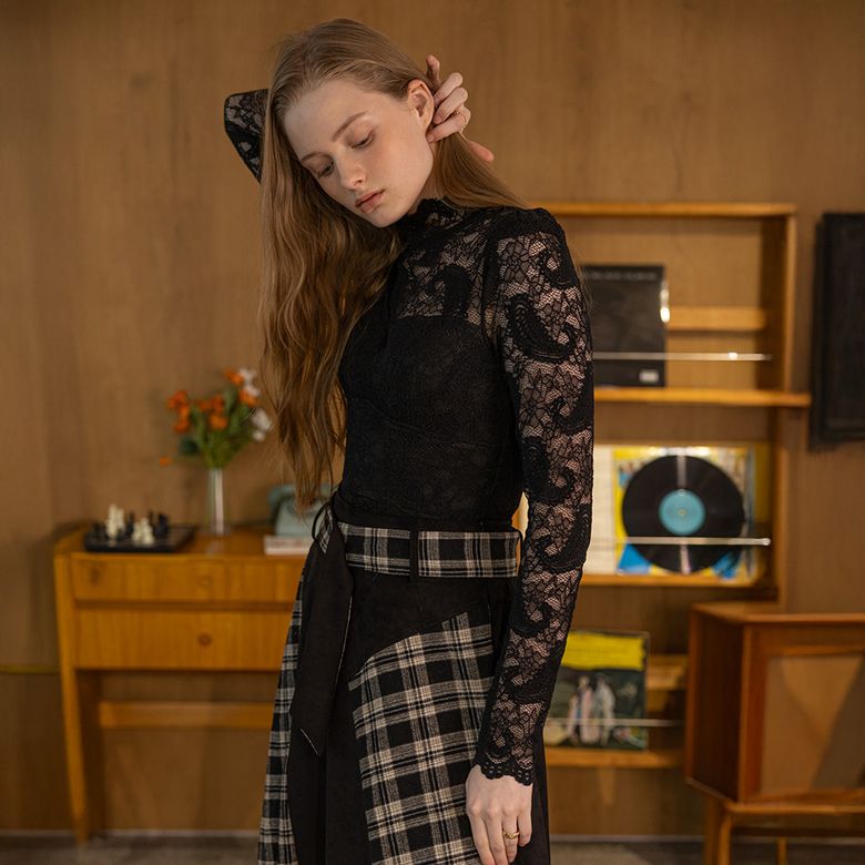 DD_Lace pattern long sleeves top_2color