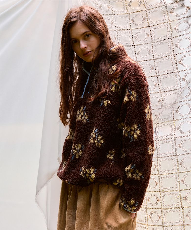 Floral Fleece Button Sweatshirt_Brown
