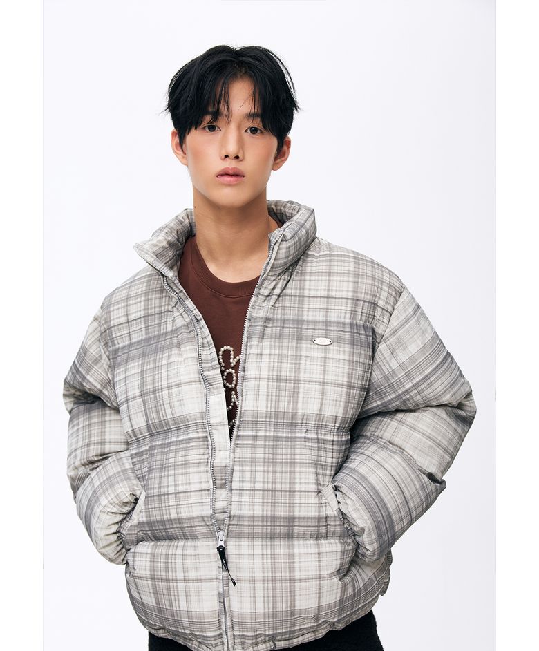 스마일 패딩 체크 그레이