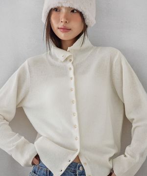 HIGH-NECK BUTTON WOOL CARDIGAN, IVORY