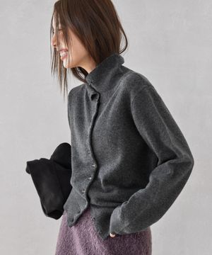 HIGH-NECK BUTTON WOOL CARDIGAN, CHARCOAL