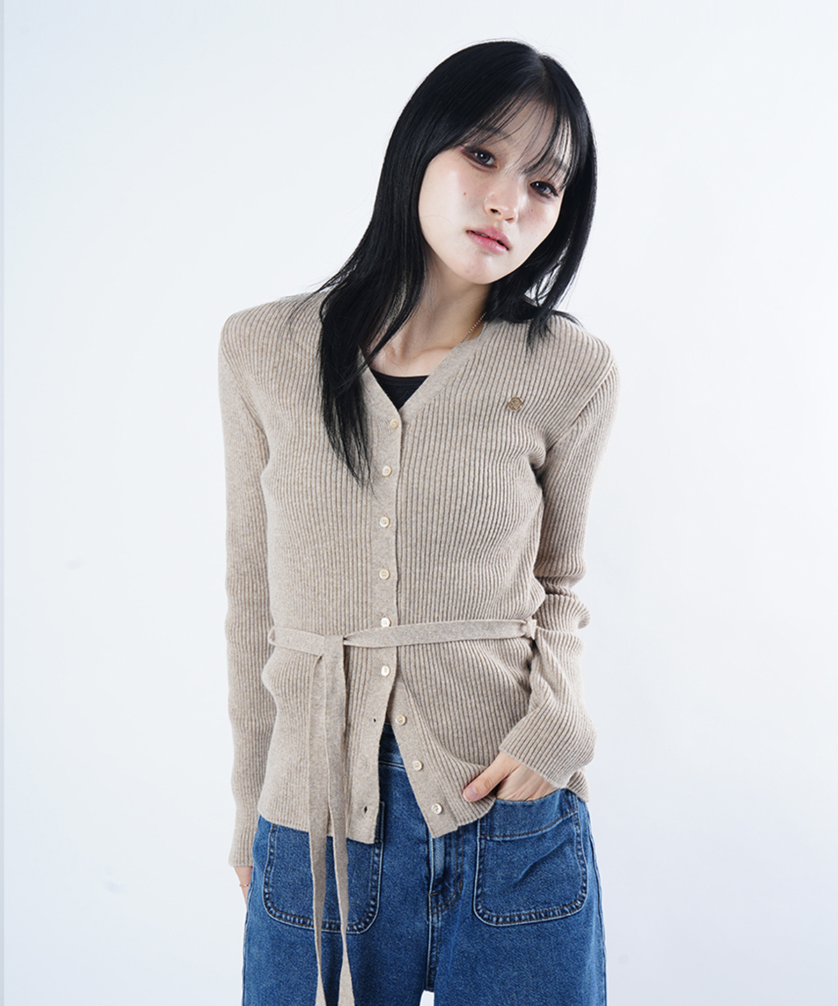 스태리 아이드(STARRYEYED) 골지 허리끈 울 가디건 (모카 베이지)