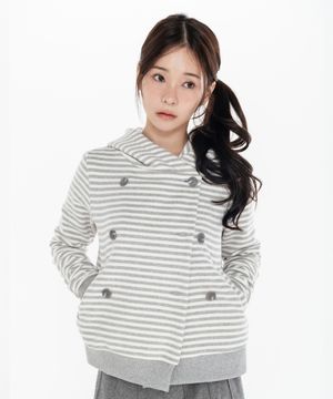 더블버튼 스트라이프 후드자켓_크림메란지그레이