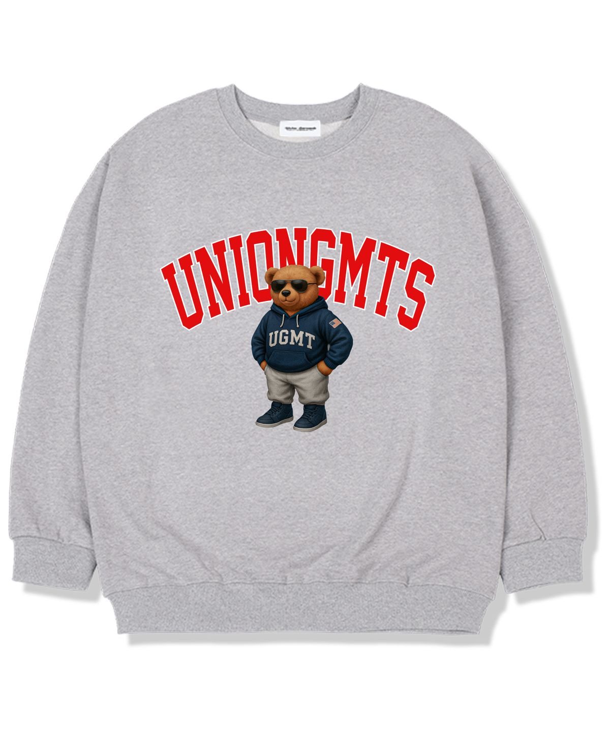 유니온가먼츠(UNION GARMENTS) 썬글라스 후드베어 기모안감 오버핏 맨투맨 티셔츠 그레이