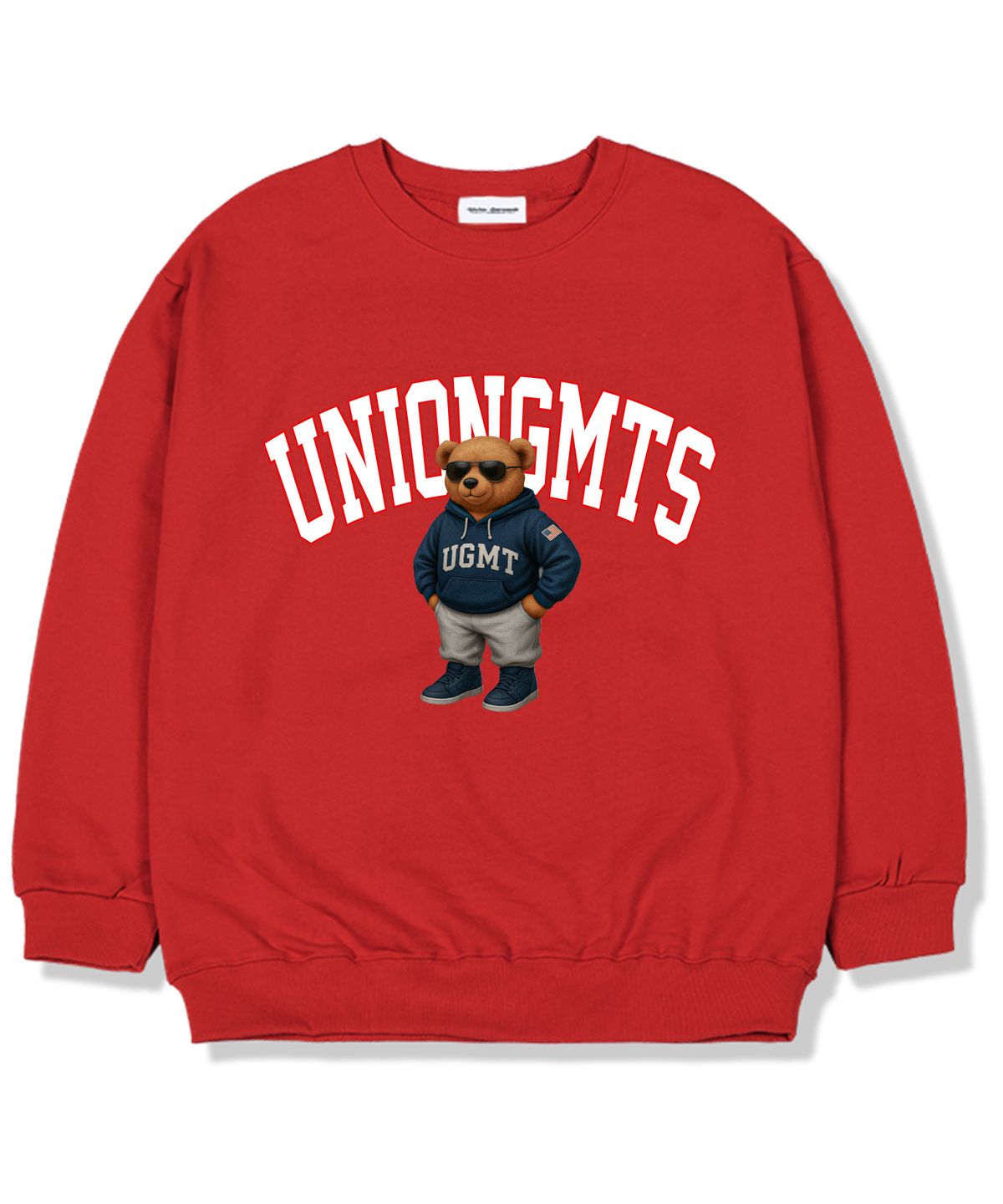 유니온가먼츠(UNION GARMENTS) 썬글라스 후드베어 기모안감 오버핏 맨투맨 티셔츠 레드