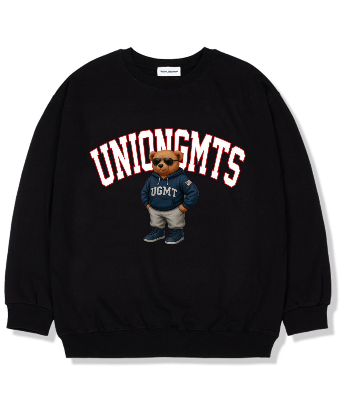 유니온가먼츠(UNION GARMENTS) 썬글라스 후드베어 기모안감 오버핏 맨투맨 티셔츠 블랙