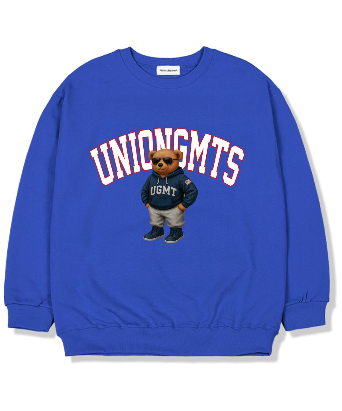 유니온가먼츠(UNION GARMENTS) 썬글라스 후드베어 기모안감 오버핏 맨투맨 티셔츠 블루