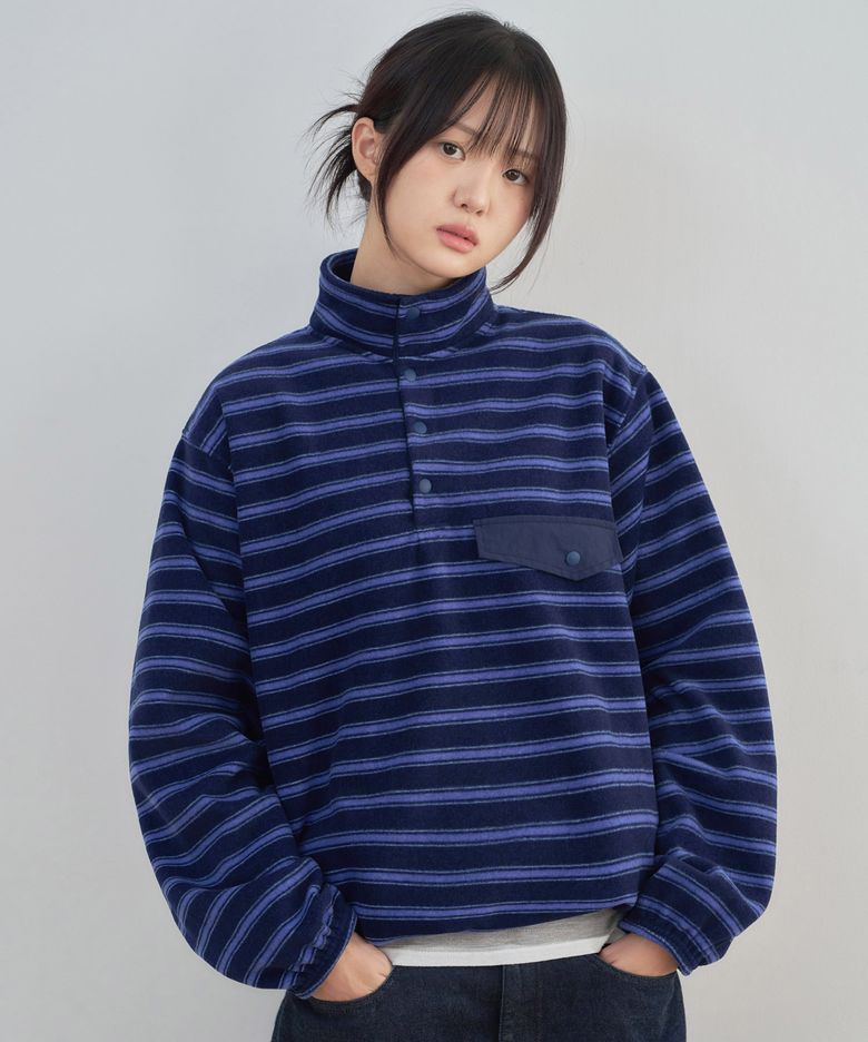 [PRE-ORDER] ke306-Stripe Fleece Anorak Navy
