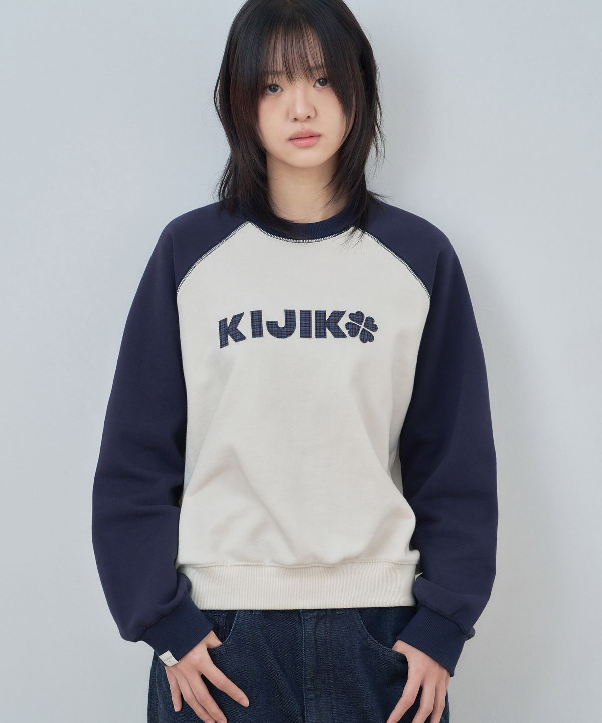 키지코(KIJIKO) ke305-Check Raglan Sweatshirt Navy