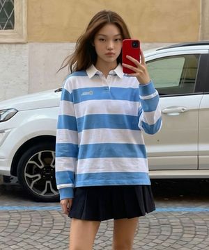 [이서 착용] N261UTS901 스트라이프 럭비 세미오버핏 긴팔 티셔츠 WHITE