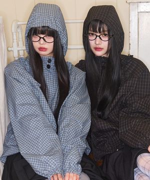 오블리크 프릴 후드 자켓 체크 블루