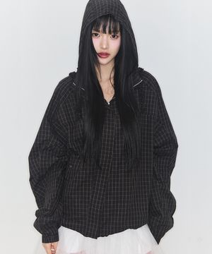 오블리크 프릴 후드 자켓 체크 그린