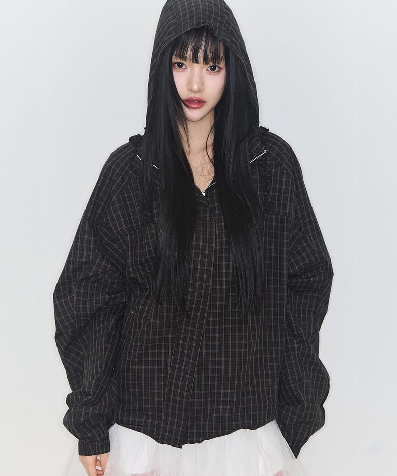 오블리크 프릴 후드 자켓 체크 그린