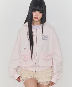 체커 보우 포켓 후드 집업 베이비 핑크