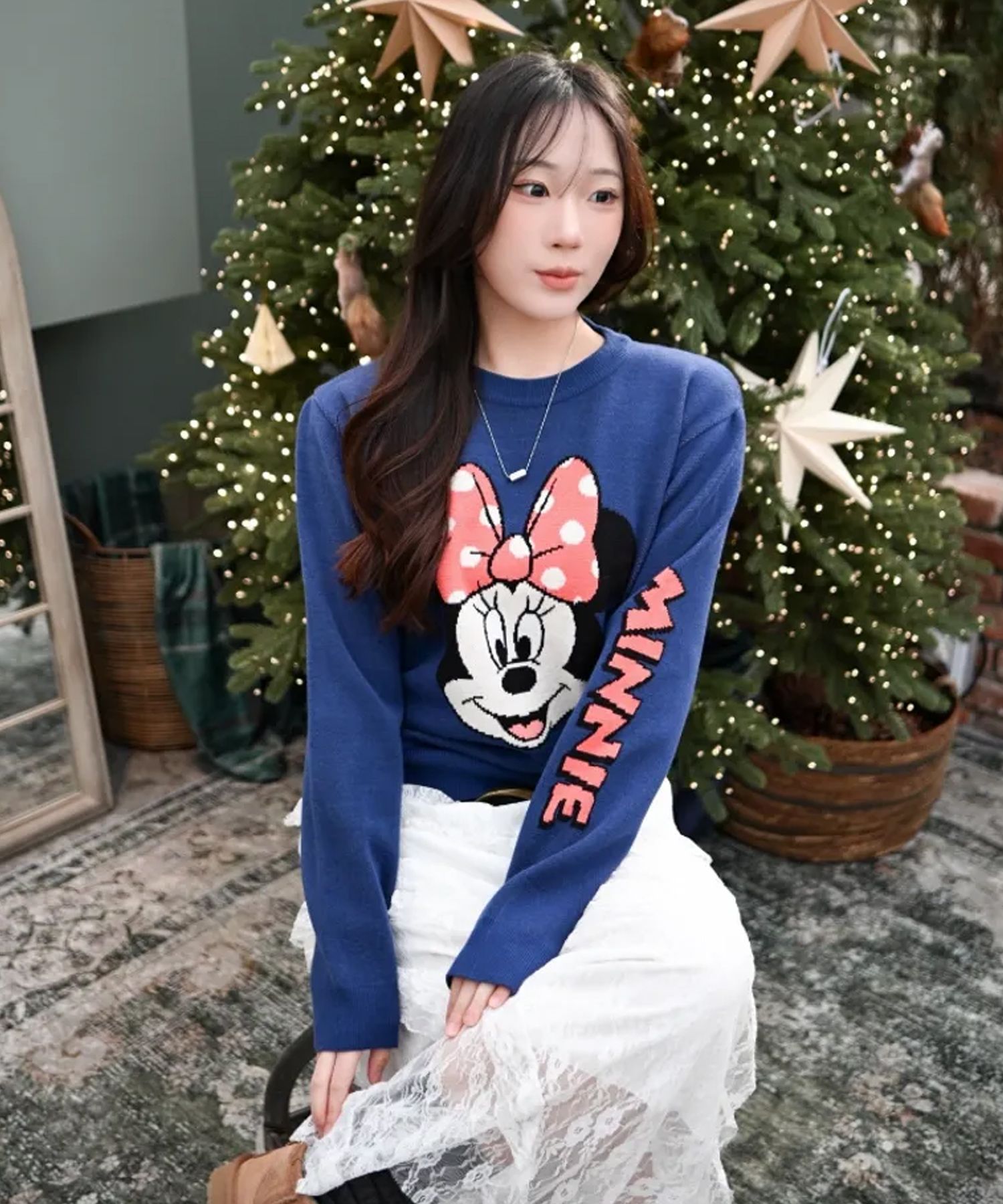 MUSINSA公式 | LADY VOLUME ミニマウスラウンドネックニット (NAVY)