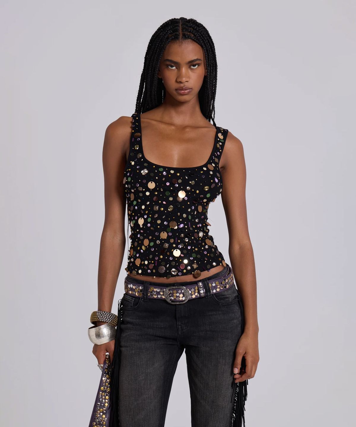 제이디드 런던(JADED LONDON) (W) 베스트 탑 위드 시퀸즈 앤 비딩 블랙 VEST TOP WITH SEQUINS AND BEADING BLACK