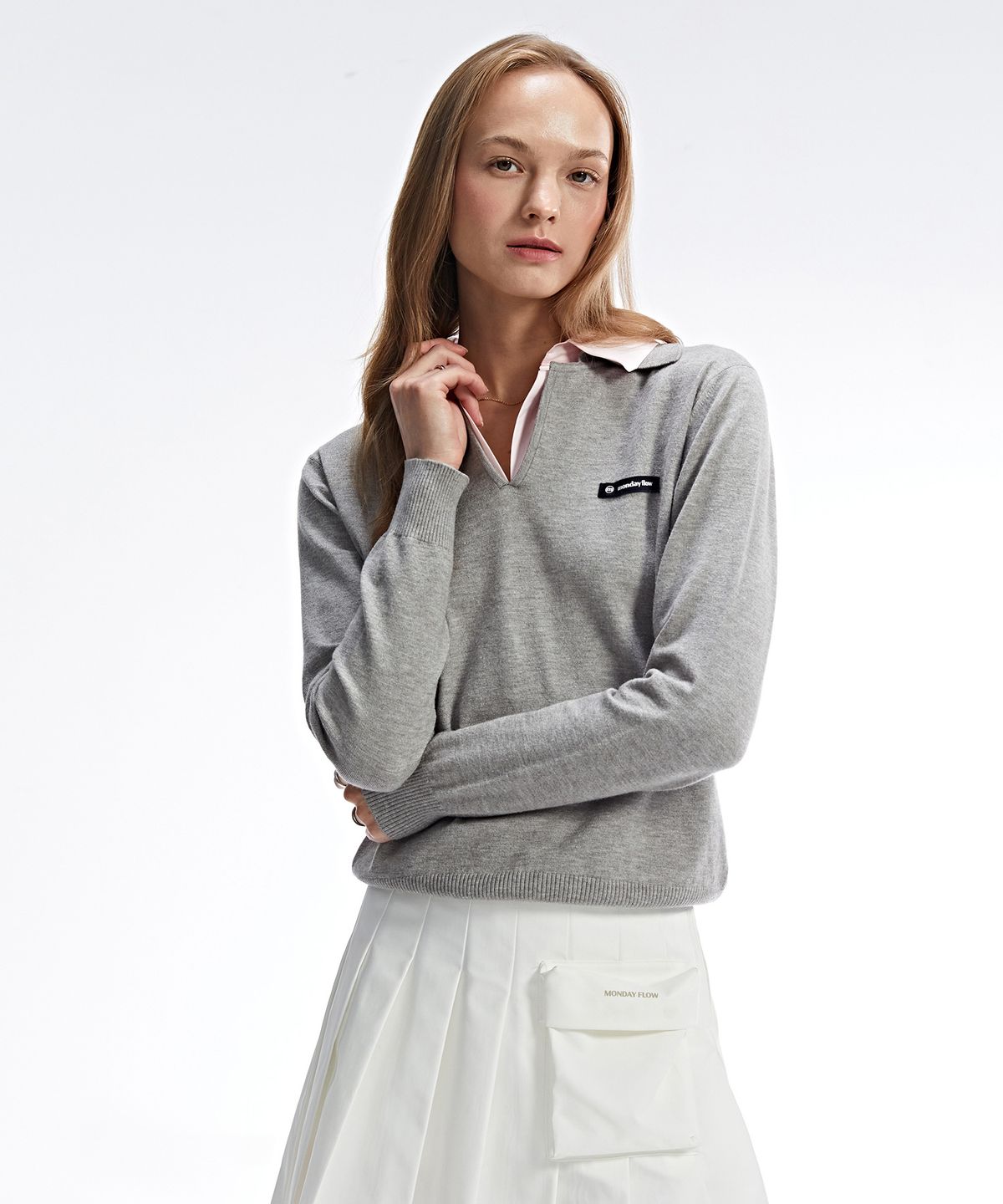 먼데이플로우(MONDAYFLOW) 셔츠 레이어드 니트 탑_그레이